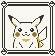 Pixelated Pikachu with brown cheeks and yellow accents, framed in black-and-white border; left frame shows neutral expression, right frame adds closed eyes and golden heart above head.