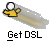 Pixelated static icon showing a yellow stick figure with a white head running left to right, leaving a motion blur trail, above black and white text reading "Get DSL" on gray background.