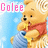 Pixelated Winnie the Pooh holding a honey pot with dripping honey, wearing red shirt and blue pants against light blue background.