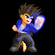 Pixel art character in blue jacket and dark pants with spiky brown hair, performing a sequence of actions including raising a glowing blue shield, deploying large white wings, and emitting orange flames from feet.