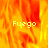 Animated fire background with 'Fuego' text in yellow pixelated font, transitioning from full flame to partial flame on the right side.