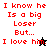 Red pixelated text on white, black, and gray backgrounds with a small star icon replacing 'him' in the phrase "I love him.".