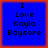 Four identical blue square with red borders display black pixelated text reading "I Love Kayla Baysore" in a
