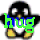 A pixelated penguin with black, white, and yellow coloring displays green text over its body in a