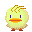 Pixelated yellow chick with brown feet, orange beak, and blue eyes in four distinct poses against gray background.