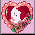 Pixelated heart-shaped icon with pink border and floral accents, containing a white cartoon character with closed eyes and green nose on red background.