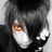 Pixelated anime-style character with dark hair, white face, and orange eyes, wearing black clothing against a gray background.