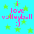 Cyan background with green stars and pink text reading 'i love volleyball :)' in a pixelated style.