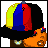 Pixelated character with orange skin wearing a black hat with yellow, blue, and red sections, shown in three sequential poses with text below.