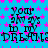 A static image with a bright blue background covered in pink stars, displaying repeated text in a pixelated font.