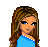 Pixel art contact sheet showing a female character in various poses and text elements with blue, brown, and white colors on transparent background.