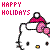 Pixelated 'HAPPY HOLIDAYS' text in pink above a white cat-like figure with black outline, wearing red headband and holding pink ornaments.