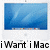 A pixelated blue gradient background with a white diagonal streak and small colored pixels at the bottom, below which is black text reading 'iWant iMac' in blocky font.