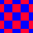 A static composition of red and blue squares arranged in a pattern with a diagonal shift in the lower section