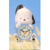 Animated sequence of a white dog with black ears holding a blue clock, positioned on yellow grass against a blue sky background.