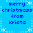Blue background with pixelated text reading "merry christmass from krista" repeated in four quadrants, surrounded by white snowflake and dotted-line borders.