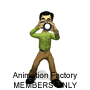 A cartoon character in a green shirt and brown pants holds a camera to their face , with text below reading "Animation Factory MEMBERS ONLY"