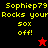 Yellow pixelated text on black and red backgrounds reads "Sophiep79 Rocks your 50x off!" with a red star and black star icon.