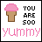 A 4-frame animated contact sheet showing a pixelated ice cream cone icon with changing text, each frame featuring the same pink and brown ice cream cone on white background with "YUMMY" in pink below.