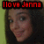 A pixelated image shows a person with dark hair and light skin, overlaid by red text reading 'I love Jenna' on a black background.