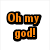 Pixelated orange text on white background reads "Oh my god!" above a pixelated character in orange hooded coat with brown hair and wide eyes.