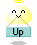 Pixelated angelic figure with yellow halo, white wings, and crossed arms holding a blue sign reading 'Up' against gray background.