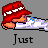 Pixel art animation of a character with red hair lying down, wearing white and blue clothing, next to a large red object resembling a book or box with striped patterns, on a gray background with "Just Chillin" text below.