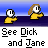 Pixelated cartoon characters with yellow and blue clothing appear in a with text labels like "See Dick and Jane" and "Rush Beta" beneath them