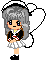 Pixel art of a gray-haired anime-style character with white wings and a headband, wearing a white dress with brown accents, standing against a gray background.