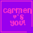 Purple square icon with pink text 'carmen's you!' and a heart symbol, featuring animation changes in corner elements.