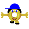 A yellow donut-shaped character with blue eyes, black hair, and a blue cap stands against gray background in four variations showing different arm poses.
