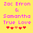 Yellow background with pink text reading "Zac Efron & Samantha True Love" and five pixelated hearts below, two variations of heart positions.