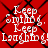 Red background with black chain-link pattern; white text 'Keep Smiling. Keep Laughing!' repeated in four quadrants.