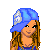 Pixel art contact sheet showing three frames of an animated icon featuring a cartoon woman with long brown hair wearing a blue cap, blue top, and dark pants, alongside text reading "bangin baby" in light blue.