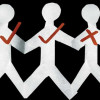 Three white stick figures holding hands in a chain, each with a red checkmark or X symbol on their chest against a black background.