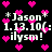 Pixelated text and pink hearts on black background, with repeated 'Jason' and '1.13.10(' text elements.