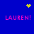 Blue background with four pink 'LAUREN!' text blocks and three yellow pixelated symbols: a heart, starburst, and circle.