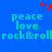 Blue background with red pixelated heart symbol above turquoise text reading peace love rock&roll repeated twice.