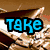 A pixelated image with blue text reading "TAKE A CRUISE" over a background featuring a car and an orange object.