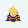 Pixelated character with spiky yellow hair, green eyes, and orange-blue outfit in two poses against white background.
