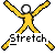 Pixelated yellow figure with outstretched arms and legs on gray background, below which is the word 'Stretch' in black and white block letters with yellow accents.