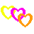 Pixelated heart shapes in yellow, pink, orange, red, cyan, purple, magenta, green, and white arranged in interlocking clusters on a gray background.