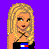 Pixel art contact sheet showing three frames of a Tommy Hilfiger-themed animated buddy icon with blonde character, black top, blue checkered pants, and brand logo elements on purple background.