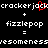 Pixelated text displays 'crackerjack' with a red heart replacing the second 'k', flanked by '+' symbols above 'fizzlepop' and '=' below 'wesomeness'