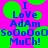 Pixelated text on a bright pink background with green circular shapes, displaying 'I Love Adam SoOOoOoOSoOOoO MuCh!' in blue letters.