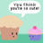 Pixelated image of two anthropomorphic cupcakes with a speech bubble containing unreadable text against a light teal background.