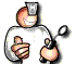 Animated cartoon figure with orange head, white shirt, and gray limbs giving thumbs-up gesture while holding a glowing apple-like object.
