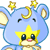 Pixelated blue cartoon character with star and moon symbols, yellow facial star, closed eyes, pink mouth, and beige ears against white background.