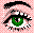 Pixelated green eyes with black eyelashes and eyebrows on a pink checkered background, showing sequential eye movements.