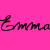 A split-screen animated buddy icon with the name "Emma" in stylized script, transitioning from black text on pink to pink text on black across two frames.